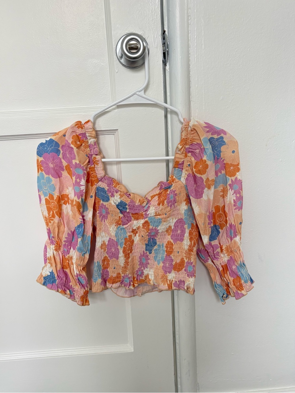 Charlie Holiday Floral Smocked Puff-Sleeve Crop Top